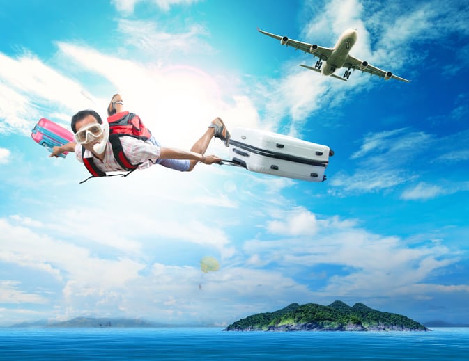 traveling man flying from plane to sea destination