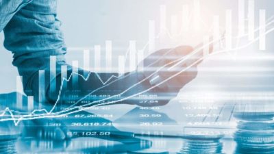 Business man on stock market crash financial trade indicator background.
