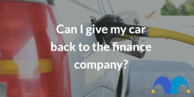 Car getting gas with the text “Can I give my car back to the finance company?” and The Motley Fool jester cap logo