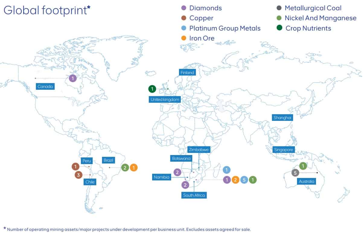A map showing Anglo American's global operations