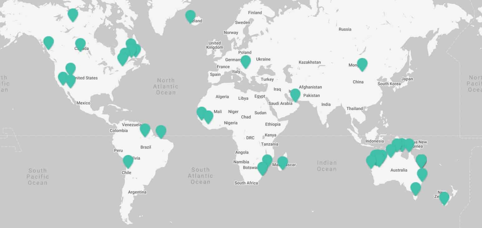 A map showing the locations of Rio Tinto's operations