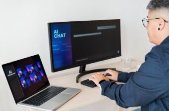 Business woman creating images with artificial intelligence inside office