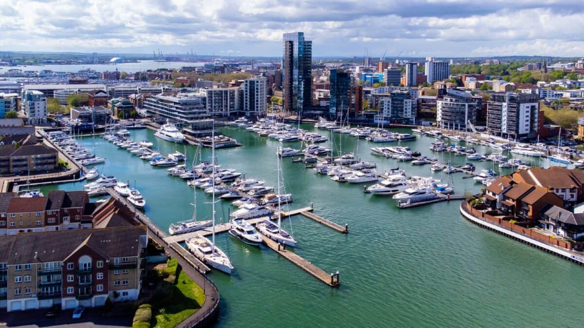 The Ocean Village Marina neighborhood of Southampton on the Channel coast in southern England, UK.